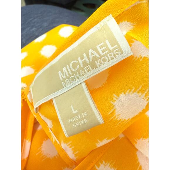 Michael Kors Womens SZ L Boxy Yellow Floaty Blouse Top Polka Dot pleated white - Picture 5 of 6